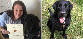 Erin and her hearing dog, black Labrador Otis